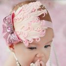 Pink vintage style baby headband with feathers and pink bow infant hairbow C175