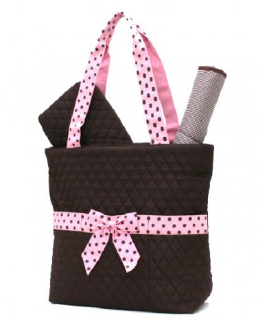 Quilted monogrammable brown & pink baby 3pc diaper bag QSD2721 BRPK