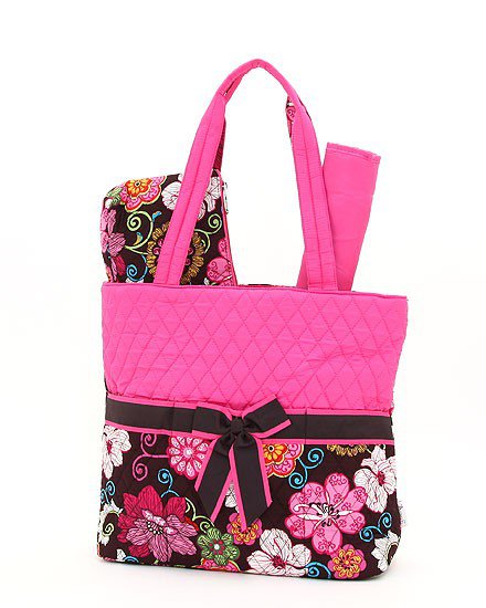 Quilted floral print monogrammable 3 pc diaper bag QHF1103L(BRFS) baby ...