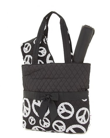 quilted peace sign monogrammable 3PC baby diaper bag QTP1103L(BKWH) newborn