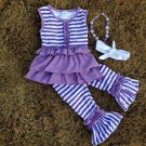 Girls size 3 purple and white ruffled 4 pc capri set pants, top, necklace and headband C1299