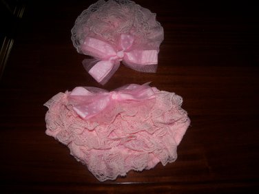 Small baby girl's pink lace diaper cover and cap newborn picture prop