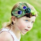 Vintage style peacock headband with feathers and assorted color rosebuds toddler hairbow C175