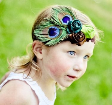 Vintage style peacock headband with feathers and assorted color rosebuds toddler hairbow C175