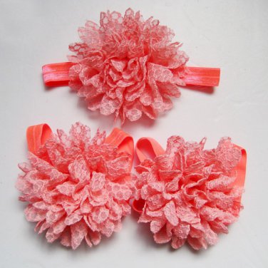 Baby toddler coral colored barefoot sandals & headband baby hair accessories C224