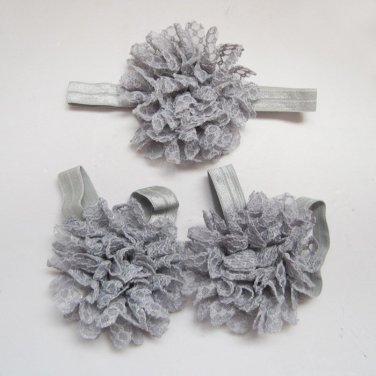 Baby toddler gray colored barefoot sandals & headband baby hair accessories C224