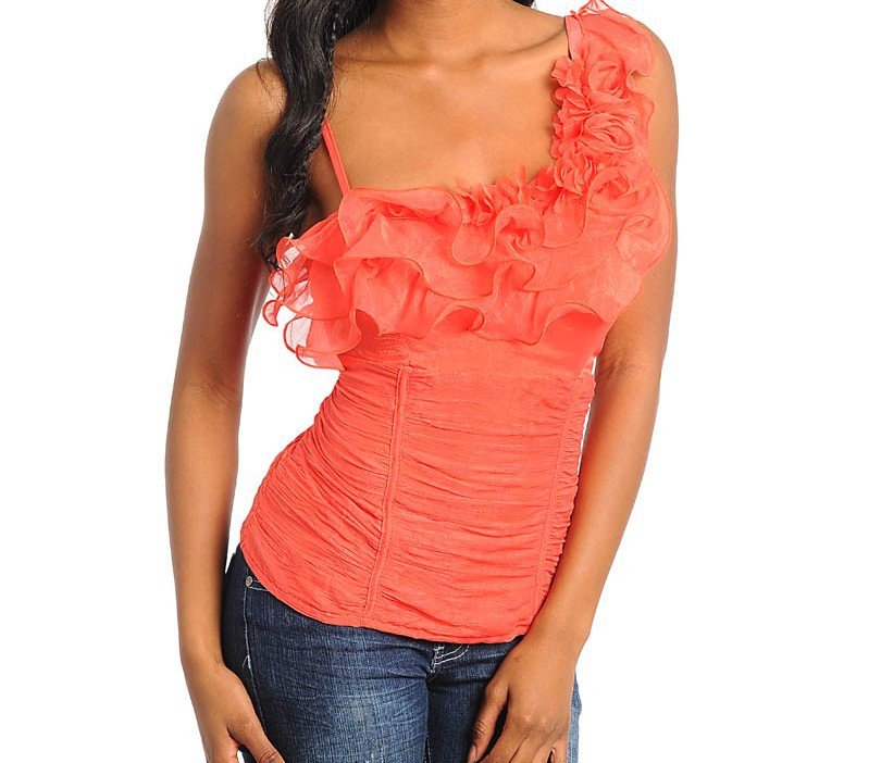 Ladies large ruffled one shoulder orange chiffon blouse 6718-L