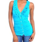 Ladies large front button blue blouse top sleeveless shirt