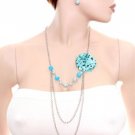 Multi-layer silver chain necklace w/ blue beads & fabric flower matching earring