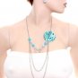Multi-layer silver chain necklace w/ blue beads & fabric flower matching earring