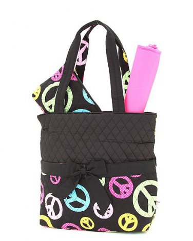 Quilted peace sign monogrammable 3PC baby diaper bag QTP1103L(BKMT) newborn