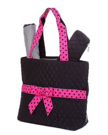 Quilted black & pink monogrammable 3pc baby diaper bag QSD2721 BKFS BS977 Gift