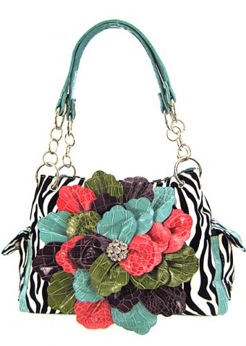 Ladies zebra print handbag with floral accent ZT893F-Tuq