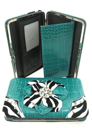 Zebra floral print Flat Wallet w/ Checkbook Cover & Zipper Pocket COT238F-TQ
