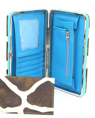 Ladies giraffe print flat wallet w/ blue trim MG-238(BL) handbag gift BS150