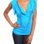 Ladies size large blue cowl neck blouse with attached beaded necklace