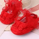 New  baby girl's 3-6 months red crib shoes w/ lace & rosettes infant size