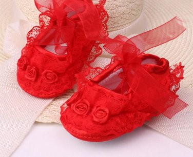 New  baby girl's 3-6 months red crib shoes w/ lace & rosettes infant size