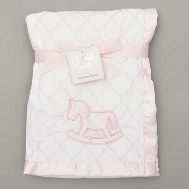 Baby Girls Rocking Horse Applique Blanket With Pink Satin Trim