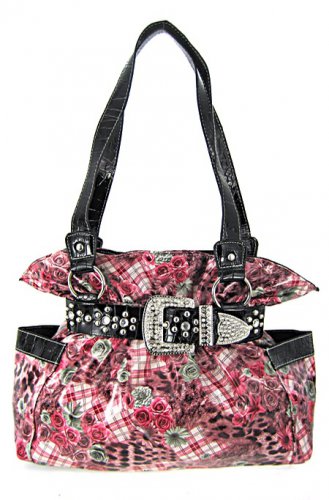 New ladies floral print laminated handbag with rhinestone buckle L