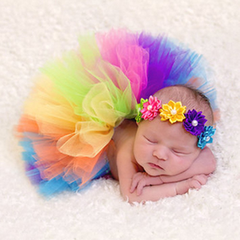 Newborn baby girls rainbow color tutu 2pc set for 1st picture outfit