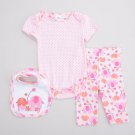 Baby Girls Size 6-9 Months Pink 3 Piece Elephant Pants, Bodysuit & Bib Set B594 632878410133