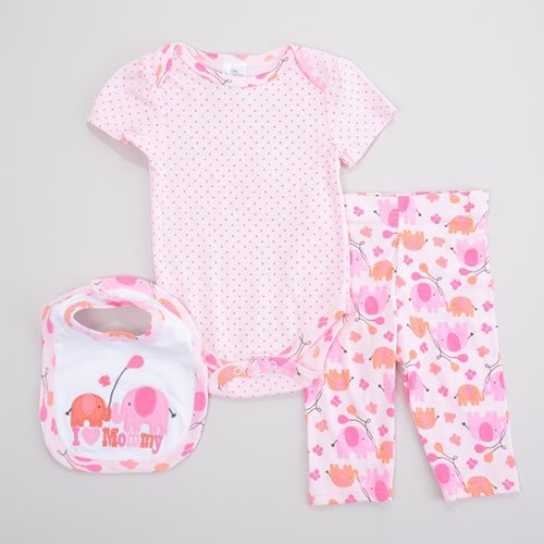 Baby Girls Size 0-3 Months Pink 3 Piece Elephant Pants, Onsie & Bib Set B594 632878410157 TOTE