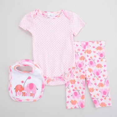Baby Girls Size 0-3 Months Pink 3 Piece Elephant Pants, Onsie & Bib Set B594 632878410157