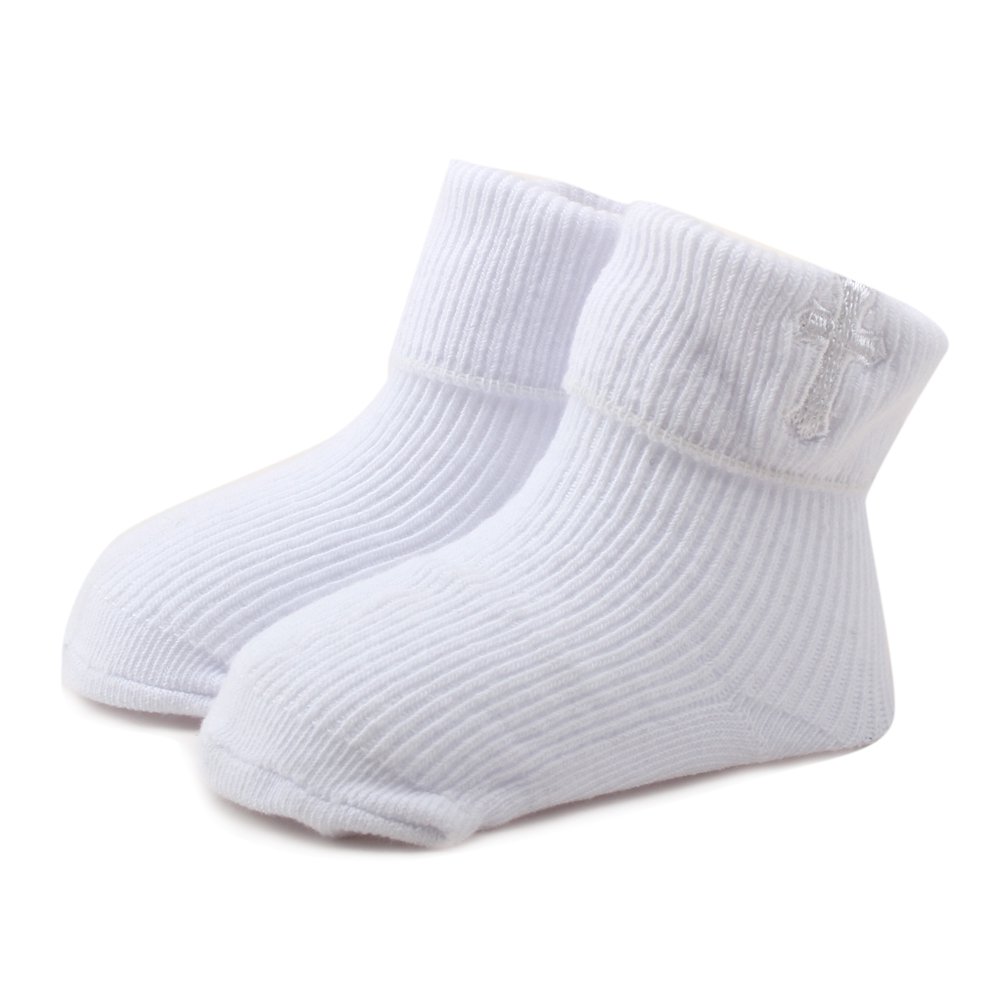 Baby Boy's 36 Months White Baptism Socks With Embroidered Cross Christening