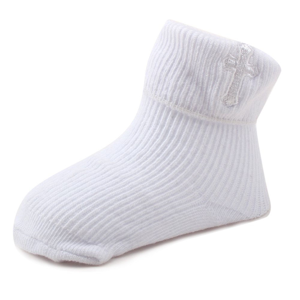 Baby Boy's 36 Months White Baptism Socks With Embroidered Cross