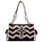Ladies black & white chevron leather handbag with cross accent purse