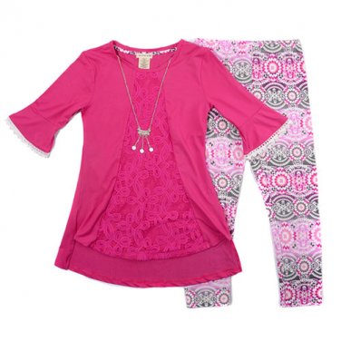 Girls Size 7-8 One Step Up Solid Lace Panel Top & Leggings Set B639