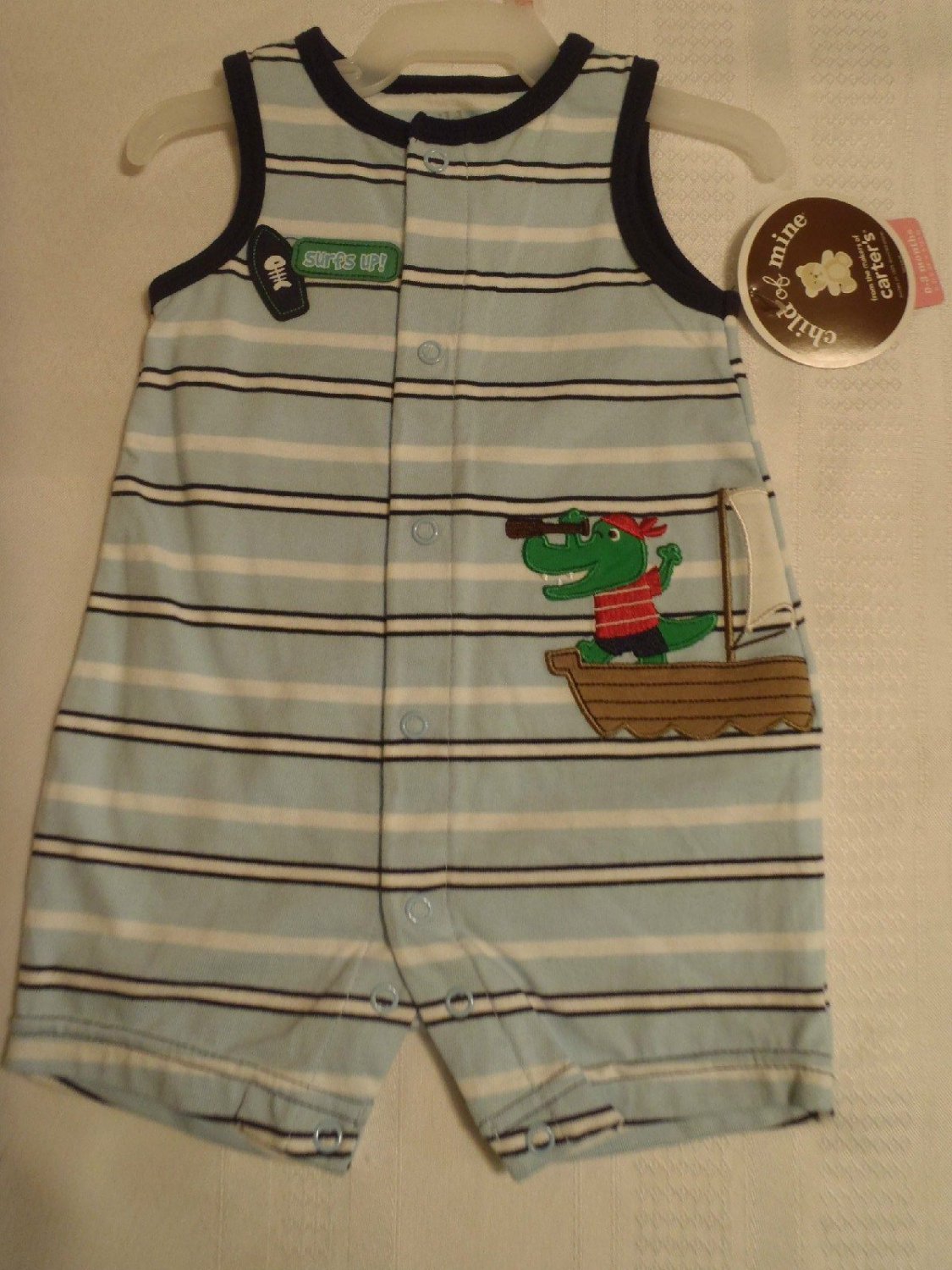 Carters Child Of Mine Baby Boys 03 Months Blue Stripe Sunsuit Romper