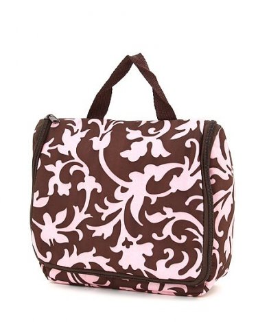 Belvah Brown and Pink damask pattern makeup bag