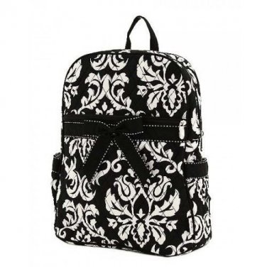 Quilted Black and White Damask Pattern Backpack Book Bag DAQ2716(BKWH) BP15