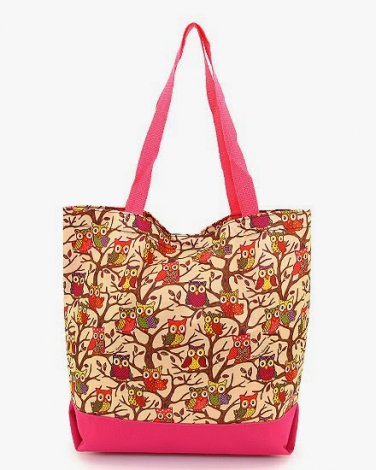 Ladies Large Owl Printed Pattern Canvas Tote Bag with Pink Trim