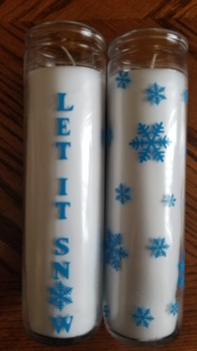 2 handmade 7" glass Christmas candles blue vinyl snowflakes and Let It Snow