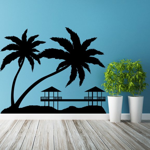 (71''x57'') Vinyl Wall Decal Paradise with Palms & Bungalows / Art Decor Sticker + Free Decal Gift!