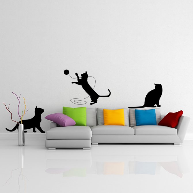(31''x11'') Vinyl Wall Decal Cute Cats Playing / Happy 3 Kittens Art Decor Sticker + Free Decal Gift