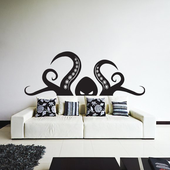 (31''x12'') Vinyl Wall Decal Scary Octopus Head with Tentacle / Art Decor Sticker + Free Decal Gift!
