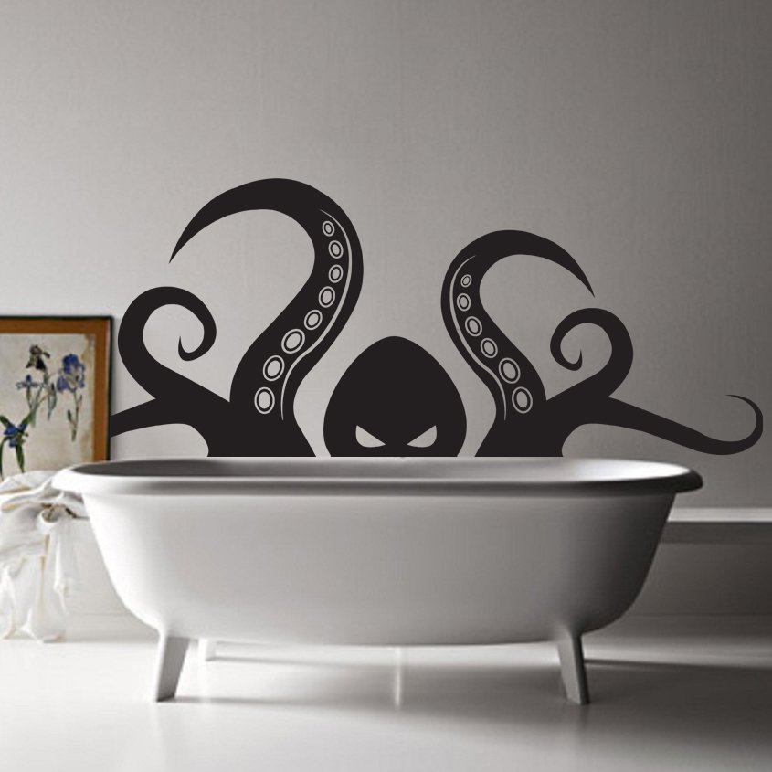 (35''x14'') Vinyl Wall Decal Scary Octopus Head with Tentacle / Art Decor Sticker + Free Decal Gift!