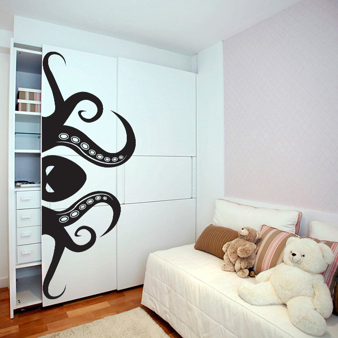 (39''x16'') Vinyl Wall Decal Scary Octopus Head with Tentacle / Art Decor Sticker + Free Decal Gift!
