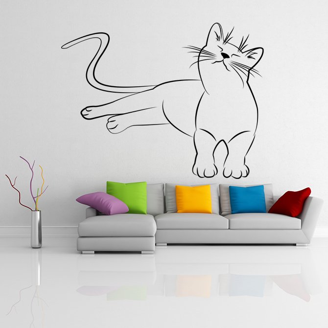 (24''x18'') Vinyl Wall Decal Cute Relaxed Cat Kitten Silhouette Art Decor Sticker + Free Decal Gift!