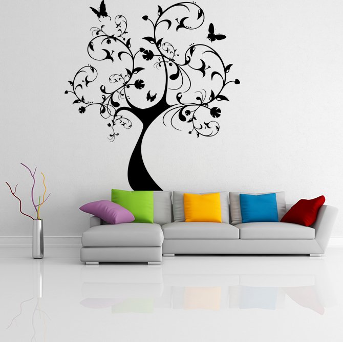 (25''x28'') Vinyl Wall Decal Huge Tree With Butterflies & Leaves Decor Sticker + Free Decal Gift!