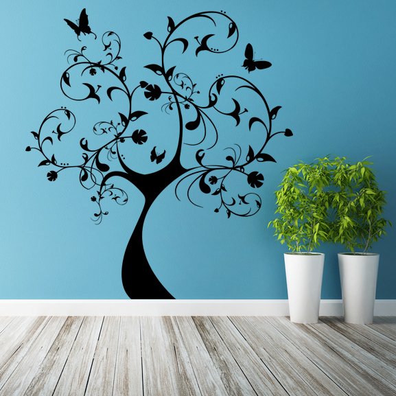 (51''x55'') Vinyl Wall Decal Huge Tree With Butterflies & Leaves Decor Sticker + Free Decal Gift!