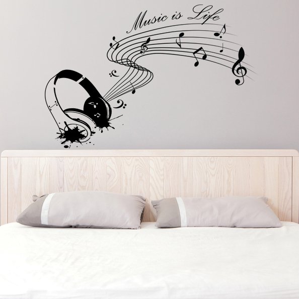 (63''x43'') Vinyl Wall Decal Quote Music is life with Headphones / Decor Sticker + Free Decal Gift!