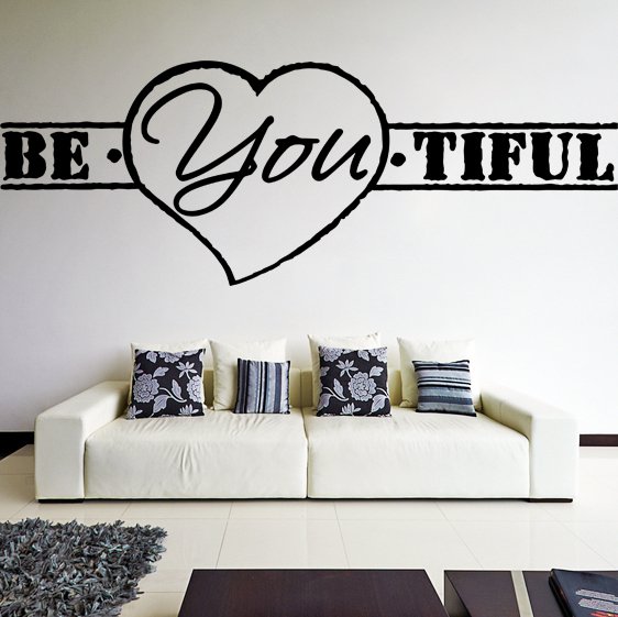 (35''x13'') Vinyl Wall Decal Quote Be*You*tiful, Heart Shape / Art Decor Sticker + Free Decal Gift!