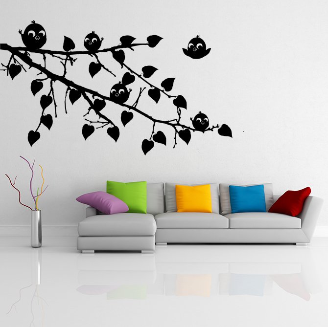 (20''x13'') Vinyl Wall Decal Tree Branch with leaves and Cute Birds Art Sticker + Free Decal Gift!