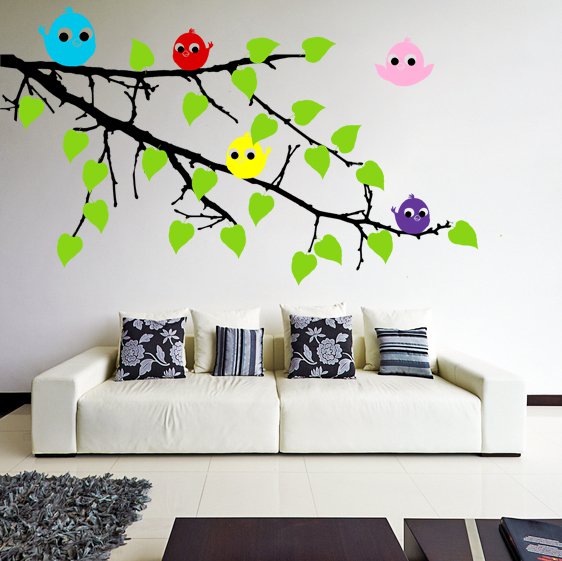 (31''x21'') Vinyl Wall Decal Tree Branch with leaves and Colorful Birds Sticker + Free Decal Gift!