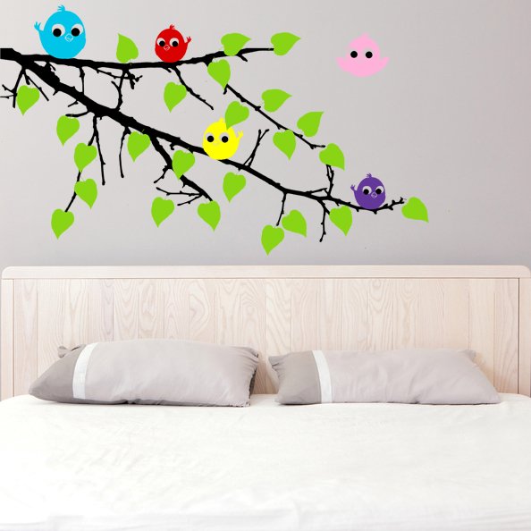 (47''x32'') Vinyl Wall Decal Tree Branch with leaves and Colorful Birds Sticker + Free Decal Gift!
